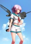  1girl 4690_(tkpbsk) clouds crane hand_on_own_stomach jewelry kantai_collection machinery neckerchief outdoors pink_hair red_eyes red_neckerchief ring school_uniform serafuku shirt short_hair short_sleeves shorts sky standing tama_(kantai_collection) turret wedding_band 