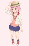  1girl adjusting_clothes adjusting_hat blush full_body hair_ornament hairclip hat highres koharu_yoshino looking_at_viewer mikazuchi_zeus pink_hair red_eyes sakura_quest short_hair simple_background skirt solo 