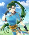  1girl adjusting_hair artist_name black_gloves breasts clouds cloudy_sky cowboy_shot dress earrings fingerless_gloves fire_emblem fire_emblem:_rekka_no_ken gloves grass green_eyes green_hair jewelry katana kazame long_hair looking_at_viewer lyndis_(fire_emblem) mountain pelvic_curtain ponytail sash scabbard sheath sheathed short_sleeves side_slit signature sky smile solo sword weapon 