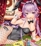  1girl animal_ears artist_name bare_shoulders blush bow bowtie breasts bunnysuit card cleavage curtains detached_collar fishnet_pantyhose fishnets long_hair looking_at_viewer low_twintails lying marker_(medium) medium_breasts on_side open_mouth original pantyhose playing_card poker_chip purple_hair rabbit_ears roulette smile solo traditional_media twintails violet_eyes wide_hips wrist_cuffs yukitsuki_kokoro 