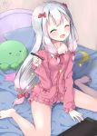  1girl :d ^_^ artist_name bangs barefoot bed bedroom blush bow closed_eyes collarbone eromanga_sensei frills hand_up heart indoors izumi_sagiri long_hair long_sleeves looking_at_viewer on_bed open_mouth pajamas pink_bow signature silver_hair sitting smile solo stuffed_animal stuffed_octopus stuffed_toy stylus tablet tareme thighs uchuuneko wariza 