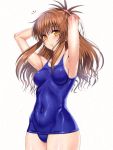  1girl armpits arms_behind_head bad_id blush breasts brown_eyes brown_hair female hair_bobbles hair_ornament impossible_clothes impossible_swimsuit long_hair looking_at_viewer navel nyamota_(noraneko_koubou) one-piece_swimsuit open_mouth orange_eyes school_swimsuit skin_tight solo swimsuit to_love-ru toned yellow_eyes yuuki_mikan 