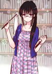  1girl black_hair blouse blue_blouse blush book breasts collarbone dress duster expressionless glasses himawari-san himawari-san_(character) holding holding_book indoors library long_hair looking_at_viewer open_clothes plaid plaid_dress ponytail small_breasts solo standing sugano_manami violet_eyes w_arms watch watch 