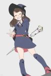  1girl ^_^ bangs blunt_bangs blush_stickers boots brown_hair closed_eyes dress full_body hat kagari_atsuko little_witch_academia long_hair looking_at_viewer school_uniform shiny_rod sidelocks smile solo staff teeth torla16 v wand witch_hat 