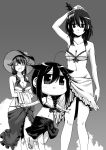  3girls ahoge bikini braid gouta_(nagishiro6624) greyscale hair_flaps hair_ornament hat highres kantai_collection long_hair monochrome multiple_girls open_mouth shigure_(kantai_collection) single_braid sun_hat swimsuit taigei_(kantai_collection) yamashiro_(kantai_collection) 