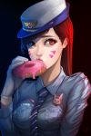  1girl alternate_costume animal_print backlighting black_background blue_shirt breast_pocket breast_squeeze breasts brown_eyes brown_hair bunny_print character_name collared_shirt d.va_(overwatch) doughnut eating eyelashes facepaint facial_mark female_service_cap food food_on_clothes gloves highres jellyemily korean lips long_hair long_sleeves looking_at_viewer medium_breasts name_tag necktie nose officer_d.va overwatch pocket police police_uniform policewoman shirt simple_background solo sprinkles striped striped_necktie uniform upper_body whisker_markings white_gloves 