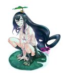  1girl 2016 ;q animal animal_on_head asui_tsuyu black_hair boku_no_hero_academia breasts brown_eyes cleavage dated dripping eyebrows_visible_through_hair frog full_body green_skirt hair_between_eyes hair_rings hands_on_floor lily_pad long_hair long_sleeves low-tied_long_hair medium_breasts miniskirt on_head one_eye_closed pleated_skirt school_uniform shirt signature simple_background skirt solo squatting tongue tongue_out very_long_hair water water_drop wet wet_clothes wet_hair wet_shirt wet_skirt white_background white_shirt yooani 