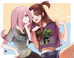  2girls belly_button blush brown_hair denim denim_shorts dexter&#039;s_laboratory english hair_over_one_eye kagari_atsuko leila_(yurisouls) little_witch_academia long_hair multiple_girls mushroom navel open_mouth parody pink_hair red_eyes shirt shorts smile sucy_manbavaran t-shirt 