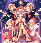  5girls :p ;d ascot bat_wings blonde_hair blood blood_on_face blue_hair brooch clone closed_eyes clouds curtains fang fang_out flandre_scarlet four_of_a_kind_(touhou) gloves hat jewelry kirero legs_crossed mob_cap moon multiple_girls one_eye_closed open_mouth pillow pillow_hug pointy_ears puffy_short_sleeves puffy_sleeves red_shoes red_skirt remilia_scarlet shoes short_hair short_sleeves side_ponytail sitting skirt skirt_set skull smile throne tongue tongue_out touhou white_gloves wings wrist_cuffs 