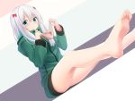  1girl absurdres barefoot blue_eyes blue_hair blush bow closed_mouth colored_eyelashes dutch_angle eromanga_sensei eyebrows_visible_through_hair feet green_jacket hair_between_eyes hair_bow highres holding holding_panties izumi_sagiri jacket long_hair long_sleeves panties pink_panties red_bow sitting soles solo tanaka_(seyakatemaroyaka) toes underwear 