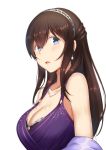  1girl bare_shoulders black_hair blue_eyes breasts cleavage collarbone commentary_request earrings hairband idolmaster idolmaster_cinderella_girls jewelry kaname_(melaninusa09) large_breasts long_hair necklace open_mouth pearl_necklace sagisawa_fumika white_background 