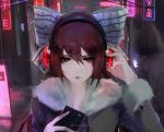  1girl absurdres aoi_ogata borrowed_character bow brown_eyes cellphone commentary hair_bow headphones highres listening_to_music long_hair mascot neon_lights original phone red_eyes smartphone 