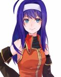  1girl ahoge blue_eyes blue_hair breasts detached_sleeves fire_emblem fire_emblem:_akatsuki_no_megami fire_emblem:_souen_no_kiseki hairband long_hair simple_background solo turtleneck tyotto_ko_i upper_body vest wayu_(fire_emblem) white_background 