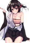  1girl arm_warmers bare_shoulders breasts brown_eyes brown_hair cosplay dango food grin hair_ornament japanese_clothes kantai_collection konkito long_hair medium_breasts off_shoulder open_clothes remodel_(kantai_collection) sendai_(kantai_collection) shouhou_(kantai_collection) shouhou_(kantai_collection)_(cosplay) sitting smile solo thigh-highs two_side_up wagashi 