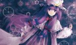  1girl capelet crescent crescent_moon_pin dogezachan expressionless hair_ribbon hat hexagram highres long_hair looking_at_viewer mob_cap neck_ribbon pajamas patchouli_knowledge purple_hair ribbon robe solo star star_of_david striped touhou tress_ribbon upper_body violet_eyes 
