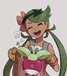  1girl ^_^ apron bounsweet closed_eyes dark_skin flower green_hair hair_flower hair_ornament happy ladle mallow_(pokemon) open_mouth overalls pokemon pokemon_(creature) pokemon_(game) pokemon_sm pot smile solo terimachi trial_captain twintails upper_body 
