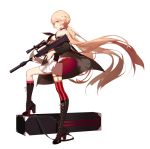  1girl ask_(askzy) assault_rifle boots braid breasts bullpup choker cross-laced_footwear french_braid full_body girls_frontline gun high_heel_boots high_heels knee_boots kneehighs light_brown_hair long_hair low_ponytail parted_lips pleated_skirt red_legwear rifle single_kneehigh single_thighhigh skirt small_breasts solo striped striped_legwear thigh-highs transparent_background vertical-striped_legwear vertical_stripes very_long_hair weapon wind wind_lift yellow_eyes 