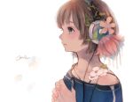 1girl bare_shoulders brown_hair digital_media_player flat_chest flower from_side hair_flower hair_ornament headphones highres lips listening_to_music nose off-shoulder_sweater orie_h original short_hair solo spaghetti_strap sweater upper_body 