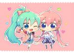  2girls ahoge blush breasts chibi eyelashes green_eyes green_hair hair_ornament hair_ribbon hand_holding hatsune_miku heart long_hair low_twintails megurine_luka multiple_girls necktie one_eye_closed pink_background pink_hair ponytail project_diva_(series) ribbon sinaooo skirt smile twintails vocaloid 