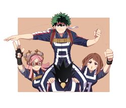  2boys 2girls boku_no_hero_academia carrying hatsume_mei headband her0aka jacket midoriya_izuku multiple_boys multiple_girls pants simple_background teamwork tokoyami_fumikage track_jacket track_pants track_suit uraraka_ochako white_background 