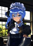  1girl alternate_costume bangs blue_eyes blue_hair blue_ribbon blush elbow_gloves enmaided gloves hair_between_eyes highres hololive hoshimachi_suisei long_hair looking_at_viewer maid maid_headdress medium_hair puffy_short_sleeves puffy_sleeves ribbon saco_(cgmore) short_sleeves side_ponytail sidelocks smile solo star_(symbol) star_in_eye symbol_in_eye upper_body virtual_youtuber 