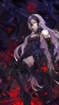  1girl absurdres armor armored_dress black_gloves blonde_hair fate/grand_order fate_(series) fur_trim gauntlets gloves headpiece highres jeanne_alter long_hair moon open_mouth red_moon ribbon ruler_(fate/apocrypha) saberiii sheath solo striped striped_ribbon sword thigh-highs weapon yellow_eyes 