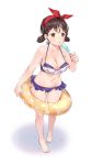  1girl barefoot bikini bow breasts brown_eyes brown_hair food full_body groin hair_bow highres innertube looking_at_viewer medium_breasts midriff navel original popsicle red_bow short_twintails standing swimsuit tom_sun tongue tongue_out twintails wet white_background 
