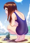  1girl back barefoot beach brown_eyes brown_hair crab dirty_feet feet hands_on_own_cheeks hands_on_own_face hermit_crab highres long_hair looking_to_the_side ocean original school_swimsuit seashell shell sky soles solo soon squatting swimsuit tiptoes water 