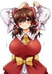  1girl arms_up ascot bangs blush bouncing_breasts bow breasts brown_eyes brown_hair commentary cookie_(touhou) curvy detached_sleeves dress hair_between_eyes hakurei_reimu half-closed_eyes kanna_(cookie) large_breasts long_hair looking_at_viewer mature meis_(terameisu) petticoat smile solo thick_eyebrows touhou 