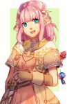  1girl :d artist_request blue_eyes brown_gloves fingerless_gloves flower gloves hair_flower hair_ornament miki_sauvester open_mouth pink_hair short_hair sketch smile solo star_ocean star_ocean_integrity_and_faithlessness upper_body 