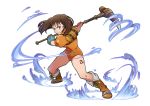  1girl boots brown_hair diane_(nanatsu_no_taizai) full_body holding holding_weapon looking_at_viewer nanatsu_no_taizai official_art short_hair short_sleeves simple_background solo tattoo twintails two-handed violet_eyes weapon white_background wide_stance 