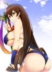  1girl ass bare_shoulders breasts brown_eyes brown_hair fate/grand_order fate_(series) highres large_breasts long_hair looking_at_viewer looking_back mattari_yufi parted_lips sideboob smile solo staff standing twitter_username very_long_hair xuanzang_(fate/grand_order) 