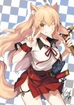  &gt;;) 1girl animal_ears bag bangs blonde_hair breasts checkered checkered_background clenched_teeth commentary_request cowboy_shot fate/extra fate/extra_ccc fate/extra_ccc_fox_tail fate_(series) fox_ears fox_tail grin hair_between_eyes highres holding holding_sword holding_weapon katana long_hair looking_at_viewer medium_breasts neck_ribbon nikame one_eye_closed plaid plaid_skirt red_ribbon red_skirt ribbon saber_(fate/extra_ccc_fox_tail) school_bag sheath shirt short_sleeves signature silhouette skirt smile solo sword tail teeth v weapon wing_collar wristband yellow_eyes 