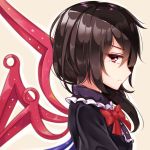  1girl artist_request asymmetrical_wings black_hair blouse bow bowtie flat_chest glaring houjuu_nue looking_at_viewer outline portrait profile red_eyes short_hair simple_background solo touhou wings 