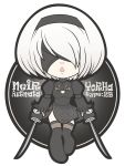  back_cutout black_dress black_hairband blindfold boots chibi cleavage_cutout covered_eyes dress feather-trimmed_sleeves hairband high_heel_boots high_heels holding holding_sword holding_weapon juliet_sleeves leotard long_sleeves nier_(series) nier_automata no.6490 puffy_sleeves silver_hair sword thigh-highs thigh_boots thighhighs_under_boots weapon white_leotard yorha_no._2_type_b 