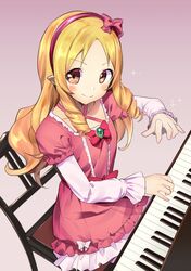  1girl akechi_shizuku blonde_hair blush_stickers bow brown_eyes chair dress drill_hair eromanga_sensei frills hair_bow hairband highres instrument long_hair looking_at_viewer music piano pink_dress playing_instrument playing_piano pointy_ears red_bow smile solo twin_drills yamada_elf 