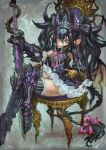  1girl armor black_hair bow fang flat_chest gauntlets headband highres horns jon_taira legs_crossed long_hair open_mouth sitting smile solo tail thighs throne twintails violet_eyes 