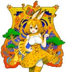  1girl animal_ears art_nouveau bare_shoulders bow elbow_gloves gloves high-waist_skirt highres kemono_friends kooten_bergh_no_youhei looking_at_viewer open_mouth orange_eyes orange_hair paw_pose revision serval_(kemono_friends) serval_ears serval_print serval_tail shirt short_hair skirt solo tail thigh-highs 