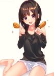  1girl :3 :d bangs bare_shoulders barefoot black_blouse blouse chicken_(food) eyebrows_visible_through_hair food fried_chicken grey_background hands_up holding holding_food long_hair looking_at_viewer open_mouth original shiny shiny_hair short_shorts shorts simple_background sitting smile solo sparkle suisen thighs wariza white_shorts 