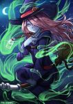  absurdres artist_name broom broom_riding crescent_moon hair_over_one_eye hat hat_belt highres little_witch_academia long_hair moon night night_sky pink_hair potion red_eyes robe school_uniform sidesaddle sky star_(sky) sucy_manbavaran witch_hat yo-roppa 