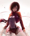  1girl black_hair blue_eyes jacket looking_at_viewer mikasa_ackerman scarf shingeki_no_kyojin short_hair solo standing thigh_strap three-dimensional_maneuver_gear zyl 