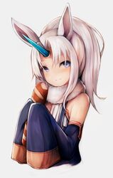  1girl animal_ears baguette bare_shoulders bite_mark blue_eyes blue_shirt blush bread detached_sleeves food hair_intakes highres holding holding_food horn horse_ears inaba_sunimi long_hair long_sleeves looking_at_viewer original ponytail scarf shirt silver_hair sleeveless sleeveless_shirt sleeves_past_wrists smile solo underwear white_scarf wide_sleeves 