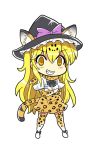  1girl animal_ears animal_print bow colonel_aki cosplay crossed_arms elbow_gloves gloves grin hat jaguar_(kemono_friends) jaguar_(kemono_friends)_(cosplay) jaguar_ears kemono_friends kirisame_marisa long_hair looking_at_viewer short_sleeves skirt smile solo tail touhou white_background witch_hat yellow_eyes 