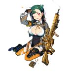  1girl ;p armband artist_request assault_rifle asymmetrical_bangs bangs black_gloves boots breasts bullet cleavage cropped cropped_jacket earrings eyebrows_visible_through_hair fingerless_gloves full_body girls_frontline gloves gradient_hair green_hair gun hand_on_own_head jewelry large_breasts long_hair magazine_(weapon) mole mole_on_breast multicolored_hair one_eye_closed one_side_up orange_legwear pouch red_eyes rifle sitting solo star thigh-highs thigh_strap tongue tongue_out transparent_background two-tone_hair unbuttoned unbuttoned_shirt wariza weapon 