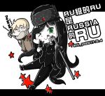  1boy 1girl :p artist_name axis_powers_hetalia black_gloves black_hair black_hat blonde_hair blush chibi chinese closed_eyes crossover fur_hat gloves green_eyes hat hi_ye kantai_collection long_hair one_eye_closed pants pipe pun ru-class_battleship russia_(hetalia) scarf shinkaisei-kan smile star tongue tongue_out translation_request trench_coat very_long_hair white_skin 