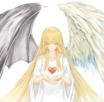  1girl angel angel_and_devil angel_wings asymmetrical_wings blonde_hair change_of_heart closed_eyes demon demon_wings duel_monster erementa highres solo wings yu-gi-oh! yuu-gi-ou_duel_monsters 