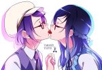  2girls blue_hair closed_eyes dokidoki!_precure food fruit glasses hat hishikawa_rikka kenzaki_makoto long_hair multiple_girls negom precure profile purple_hair red-framed_eyewear short_hair simple_background strawberry white_background yuri 