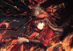  1girl artist_name bangs belt belt_buckle black_hair blurry buckle cape chains clenched_teeth commentary demon_archer depth_of_field english fate_(series) fire gloves grin gun hat koha-ace long_hair long_sleeves looking_to_the_side peaked_cap red_cape red_eyes rosuuri skeleton smile solo sword teeth upper_body weapon white_gloves 