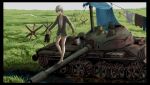  1girl bedroll bucket cardigan commentary_request czech_hedgehog field grass ground_vehicle highres holding jittsu laundry military military_vehicle motor_vehicle no_pants original shirt shoes_removed t-62 t-shirt tank vehicle_request white_hair 