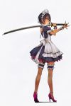  1girl apron dark_skin fishnets high_heels highres katana maid murakami_suigun solo sword thigh-highs weapon 